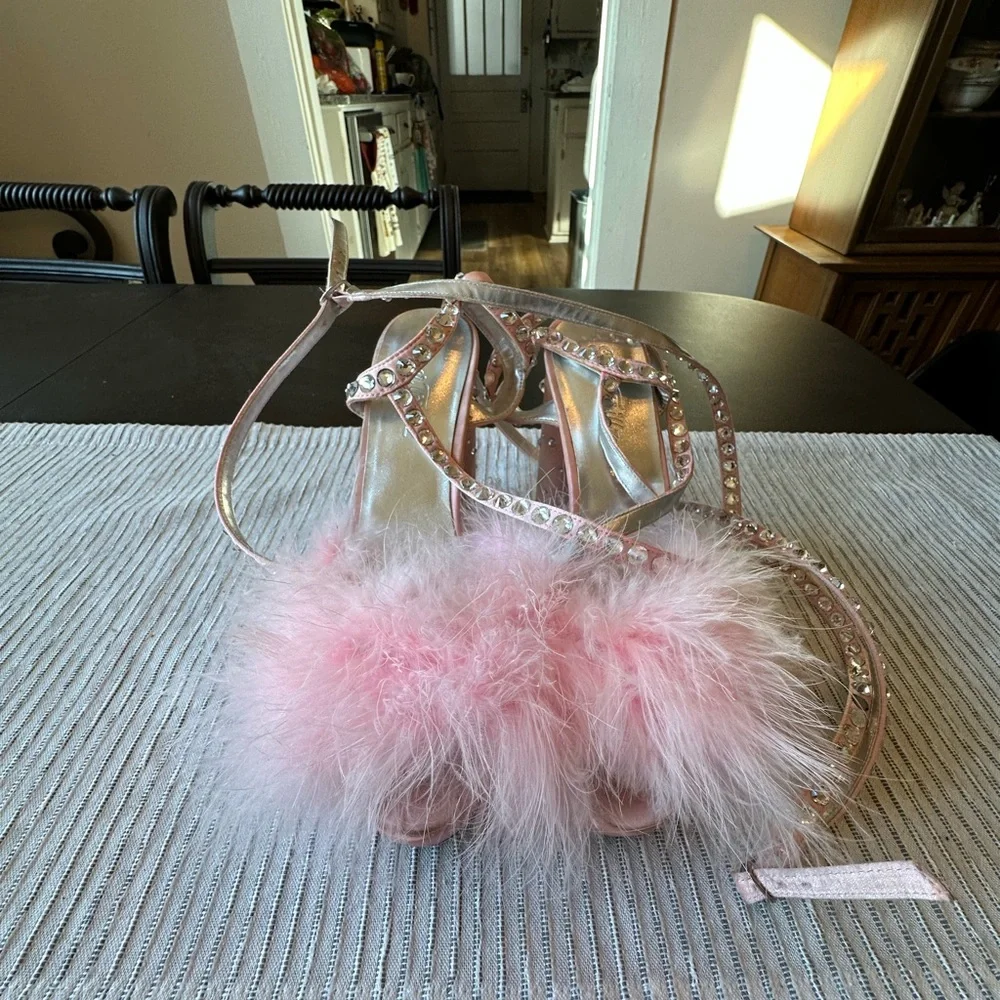 Dolls Kill Blush Pink Feathered Crystal Block Heel Sandals - Picture 3 of 9